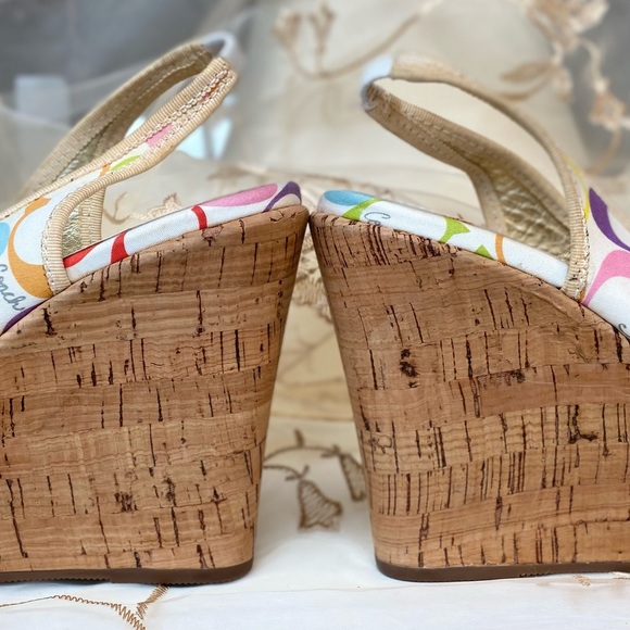 COACH Gwynnie Signature 4.5" Cork Wedge Slingback Sandals Multi Pastel with Bow. - Picture 6 of 15